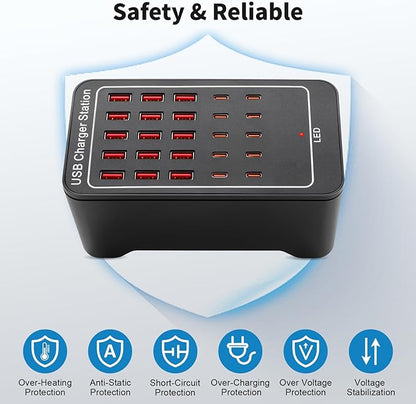 USB~C Charger Block, 125W(25A) 25 Port (15 USB A & 10 USB~C Port) Multiple Charging Station, Desktop Wall Charger Compatible with iPhone, iPad, Tablets, Smartphones
