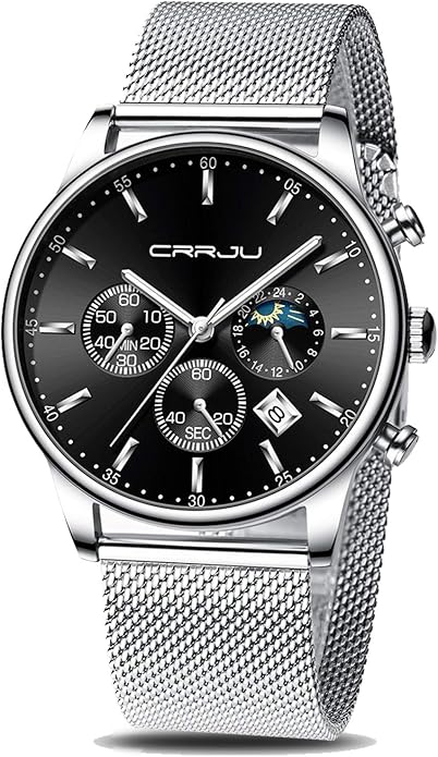CRRJU Men's Fashion Casual Watches Auto Date Chronograph Watch Men Nice Work Watches Waterproof 30M Full Steel Quartz with Mesh Strap