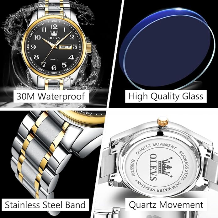 Men's Casual Stainless Steel Watch, Big Face Easy to Read Analog Quartz Watch with Day and Date, Classic Waterproof Diamond Roman Arabic Numerals Dial Dress Watch for Men, Gold Silver Black Band