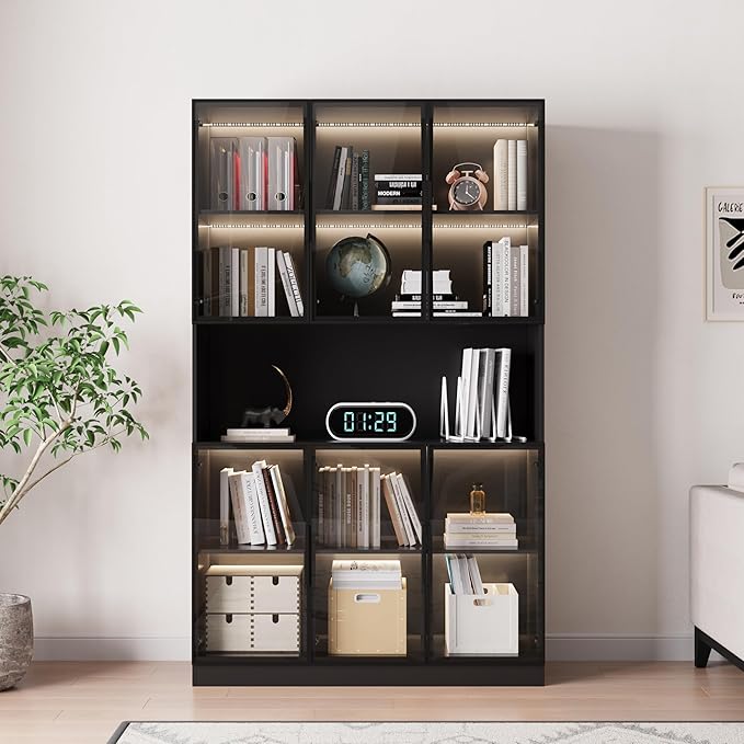 78.7" H Display Cabinet with 6 Glass Doors and Lights, Storage Cabinets Modern Bookcase with Hutch for Collectible, Display Case Trophy Case, Black