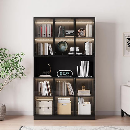 78.7" H Display Cabinet with 6 Glass Doors and Lights, Storage Cabinets Modern Bookcase with Hutch for Collectible, Display Case Trophy Case, Black