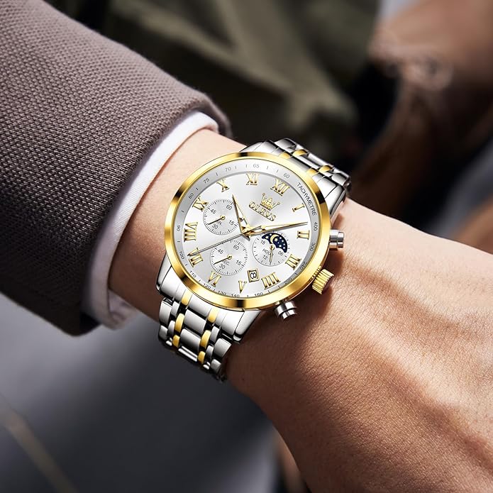 OLEVS Mens Stainless Steel Chronograph Watch, Big Face Roman Numerals Date Analog Quartz Dress Watches for Men, Fashion Multifunctional Waterproof Luminous Hands Men's Wristwatch