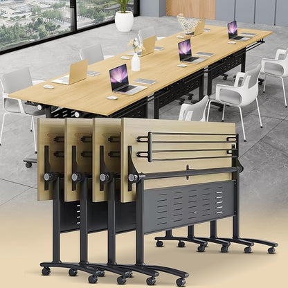 Conference Table Folding Conference Room Tables, Modern Mobile Meeting Training Table with Silent Wheels, Foldable Seminar Table for Offices, Classrooms, Libraries (4, Maple, 61in)