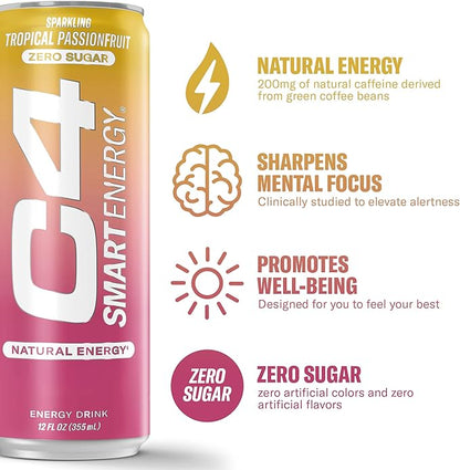 Cellucor C4 Smart Energy Drink - Sugar Free Performance Fuel & Nootropic Brain Booster, Coffee Substitute or Alternative | Tropical Passionfruit 12 Oz - 12 Pack