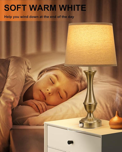 Seealle Upgraded Touch Lamps for Night Stands Set of 2 - Bedside Lamps with USB C+A, 3 Way Dimmable for Bedroom Living Room End Tables Office (Oat Shade&Coppery Base)