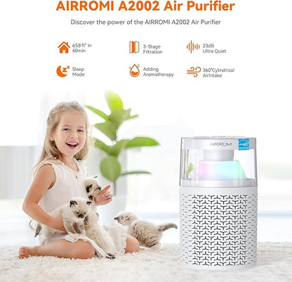 AIRROMI Air Purifiers for Bedroom Home,Up to 658 Ft²,Activated Carbon Filter Cleaner,With Fragrance Sponge for Better Sleep,Night Light,Pet Dander,Allergies,Smoke,Odor,Desktop Air Cleaner A2002 White