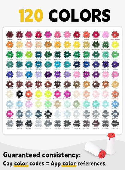YHC 120 Alcohol Brush Marker with Free App, Chen Rui Dual Tips Art Markers for Adults, Alcohol Based Brush & Chisel Tips Markers for Drawing, Coloring, Painting, Sketching