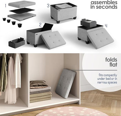 STORAGEBUD Storage Ottoman Cube with Small Bin, 16-in Square Ottoman with Storage for Living Room and Bedroom, Small Ottomans Foot Rest, Fabric Foot Stools Ottomans Max 330lbs, Light Grey