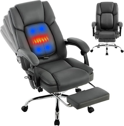 Massage Office Chair 4 Points with Footrest,Reclining Executive Desk Chair with Vibration Heat for Heavy People 500lbs,Lumbar Support PU Leather,Adjustable Height Ergonomic (Gray)