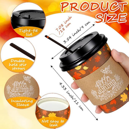 Lallisa 100 Sets Fall Thanksgiving Coffee Cup Bulk with Lid Disposable 12 oz Fall Hot Cups Paper and Sleeves Straws, Autumn Drinking Supplies for Holiday Party(Classic Style)