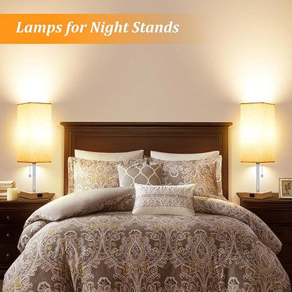 Table Lamp for Bedroom set of 2,3-Color Bedside Lamps with Pull Chain Table Lamps for Nightstand with AC Outlets,18'' Night Light Lamps with 2 Bulbs Lamps for Living Room Kids Room Office Decor（Wood）