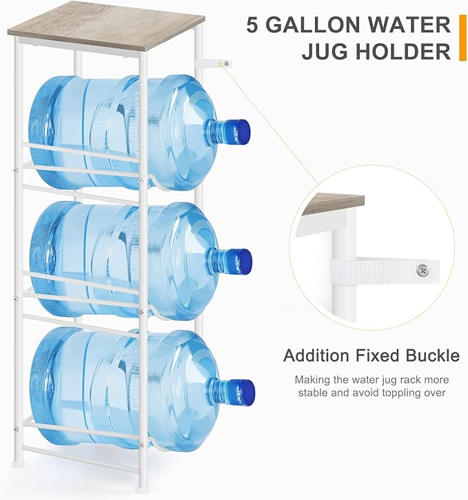Water Bottle Storage Holder 5 Gallon Drink Dispenser Stand with Table 3-Tier Heavy Duty Water Cooler Jug Rack Water Bottle Organizer for Kitchen, Office, Living Room, Rustic Grey