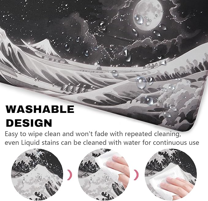 Black Wave of Kanagawa Patterns Desk Mat, Large Gaming Mouse Pad Non-Slip Rubber Base with Stitched Edges, Waterproof Protection for PC Laptop Home Office Desk Decor (31.5x15.7in)