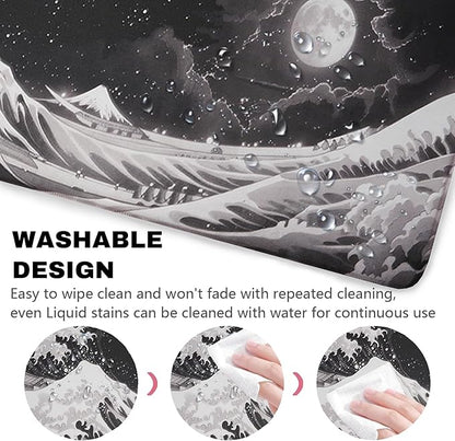 Black Wave of Kanagawa Patterns Desk Mat, Large Gaming Mouse Pad Non-Slip Rubber Base with Stitched Edges, Waterproof Protection for PC Laptop Home Office Desk Decor (35.4x15.7in)