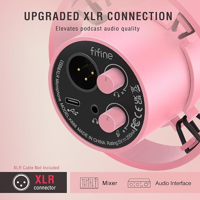 FIFINE XLR/USB Dynamic Microphone, Studio XLR Vocal Podcast Microphone for Recording, USB Streaming Mic with Mute Button, Gain Knob, Headphones Monitoring for Voice-Over, Video-Amplitank K688 Pink