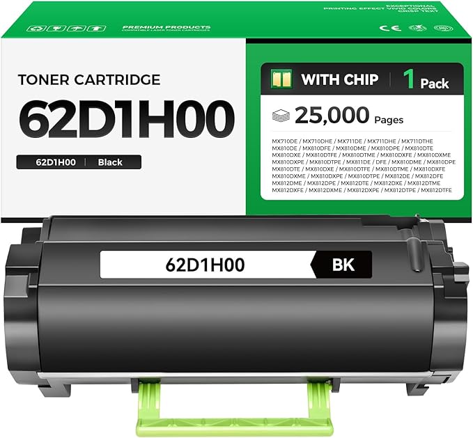 62D1H00 Black Toner Cartridge with Chip 1-Pack High Yield Replacement for Lexmark 62D1H00 Toner Compatible for Lexmark MX710 MX711 MX810 MX811 MX812 Series Laser Printer Ink Copier DE DHE DTHE DFE DME