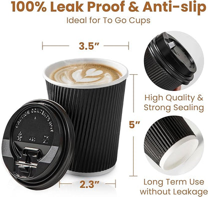 Fit Meal Prep 50 Pack 12 oz Black Disposable Coffee Cups with Lids & Stirrers, Corrugated Triple Wall To Go Hot Cups, Insulated Paper Coffee Cups for Hot Beverages, Travel, Home, Office (Black Lids)