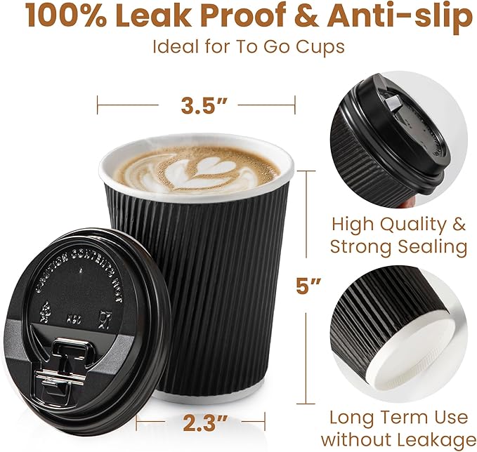 Fit Meal Prep 100 Pack 12 oz Black Disposable Coffee Cups with Lids & Stirrers, Corrugated Triple Wall To Go Hot Cups, Insulated Paper Coffee Cups for Hot Beverages, Travel, Home, Office (Black Lids)