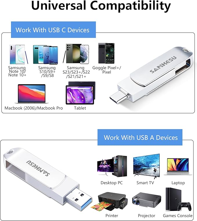 1TB USB C Flash Drive 3.1,Up to 500MB/s Read Speed, USB A and Type C OTG Thumb Drive, Dual Memory Sticks Compatible with Android Phones/PC/Laptop/Macs(Silver)