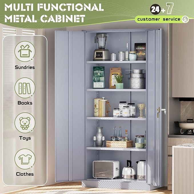 SUNCROWN 72" Metal Storage Cabinet - Heavy-Duty Metal Garage Cabinet with 4 Adjustable Shelves & 2 Doors for Tools, Office, Home, Workshop,Cement Grey