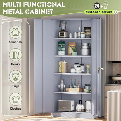 SUNCROWN 72" Metal Storage Cabinet - Heavy-Duty Metal Garage Cabinet with 4 Adjustable Shelves & 2 Doors for Tools, Office, Home, Workshop,Cement Grey