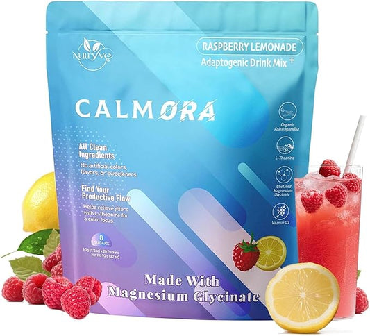 CALMORA Adaptogenic Relaxation Drink Mix – Raspberry Lemonade with L-Theanine, Ashwagandha & Magnesium Glycinate |Sugar-Free, Non-GMO, 20 Single-Serve Packets