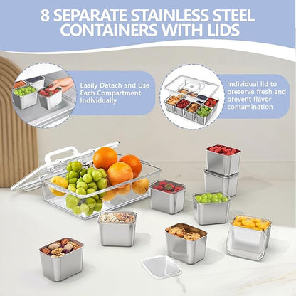 2 Pack Snackle Box Container with 8 Removable Stainless Steel Containers – Clear Divided Serving Snack Tray with Lid & Handle – Leak-Proof for Wet/Dry Food – Perfect for Parties, Travel, Office