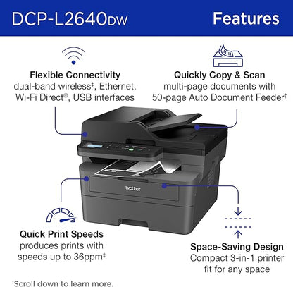 Brother DCP-L2640DW Wireless Compact Monochrome Multi-Function Laser Printer with Copy and Scan, Duplex, Mobile, Black & White | Includes Refresh Subscription Trial(1), Works with Alexa