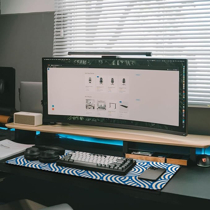 Large Computer Mouse Pad with Non-Slip Base for Desktop, Cute Gaming Mouse Mat with Stitched Edges, Long Extended Anime Mousepad for Laptop, 31.5 x 11.8 inches (Blue Wave Pattern)