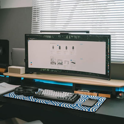 Large Computer Mouse Pad with Non-Slip Base for Desktop, Cute Gaming Mouse Mat with Stitched Edges, Long Extended Anime Mousepad for Laptop, 31.5 x 11.8 inches (Blue Wave Pattern)