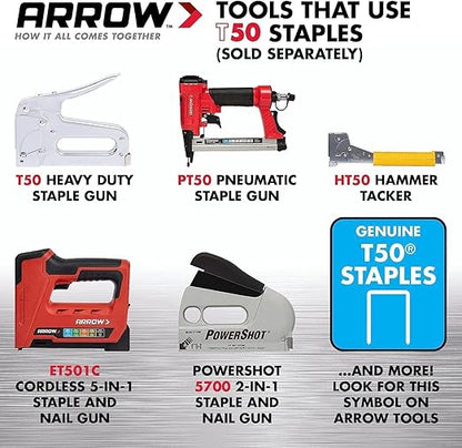 Arrow 506 T50 Heavy Duty Staples, 3/8-Inch Leg Length, 3/8-Inch Crown Width Staples for Upholstery, Construction, Furniture, Crafts, 1250-Pack