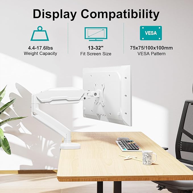 MOUNT PRO Single Monitor Desk Mount - Articulating Gas Spring Arm, Removable VESA Mount for Computer Monitor Stand with Clamp and Grommet Base Fits 13 to 32 Inch Screen, VESA 75x75, 100x100, White