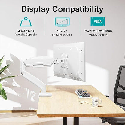 MOUNT PRO Single Monitor Desk Mount - Articulating Gas Spring Arm, Removable VESA Mount for Computer Monitor Stand with Clamp and Grommet Base Fits 13 to 32 Inch Screen, VESA 75x75, 100x100, White
