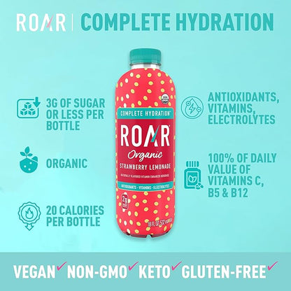 ROAR Complete Hydration Organic - Electrolyte Drinks Loaded with Vitamins C, B5, B12 - Non-GMO, Gluten-Free - Strawberry Lemonade - 12 pc