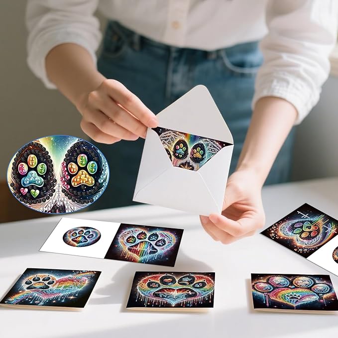 jinglinhh 12pcs Diamond Art Painting Dog Paws Greeting Cards with Envelopes, DIY Card Making Kits for Adults, Diamond Art Christmas Cards for Birthday Holiday Postcards Craft Gifts