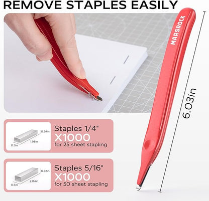 Effortless Stapler for Desk with 40-50 Sheet Capacity, 2000 Staples, 1-Touch Stapling, Ergonomic & Easy to Load Desktop Staplers, Heavy Duty Stapler, and Magnetic Staple Remover, Red