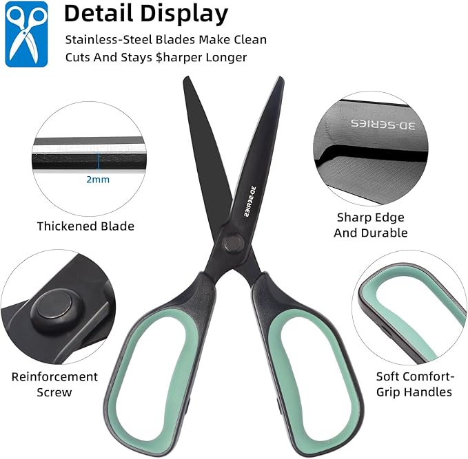 All Purpose Scissors - Comfort Grip, 3D Curved Cutting Edge, Stainless Steel Office Scissors for Sewing Fabric Home Craft School Supplies, 2-Pack (Blue, Green)