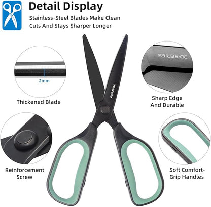 All Purpose Scissors - Comfort Grip, 3D Curved Cutting Edge, Stainless Steel Office Scissors for Sewing Fabric Home Craft School Supplies, 2-Pack (Blue, Green)