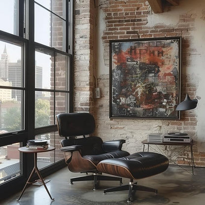 Mid Century Chaise Lounge Chair with Ottoman, Top Black Grain Leather, Modern Office Chair Classic Design, Heavy Duty Base Support for Living Room Study Lounge Office