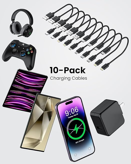 [1FT, 10-Pack] Multi Short USB Charging Cables, Fast Charge & Sync Type-C/Lightning/Micro Cords Bulk for Charging Station Compatible with iPhone16&15, iPhone5-14, iPads, iPods, Mobiles, Tablets, Black