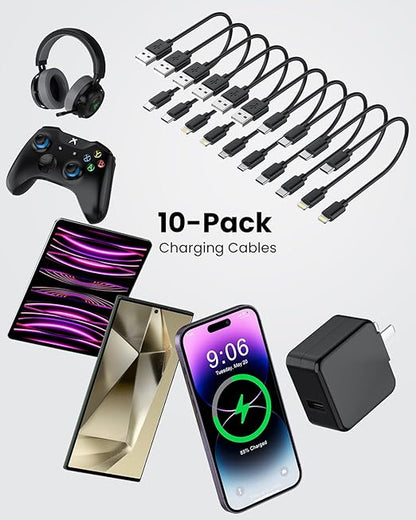 [1FT, 10-Pack] Multi Short USB Charging Cables, Fast Charge & Sync Type-C/Lightning/Micro Cords Bulk for Charging Station Compatible with iPhone16&15, iPhone5-14, iPads, iPods, Mobiles, Tablets, Black