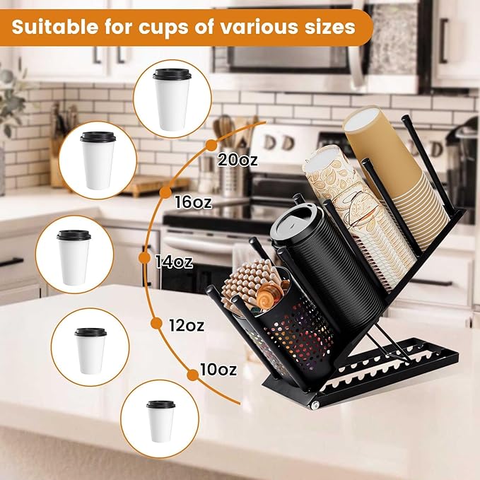 Cup and Lid Holder, Adjustable Coffee Cup Holder Organizer, 4 Compartment Disposable Cup Dispenser with Mesh Basket for Coffee Pod Straw Storage, Countertop, Office Breakroom (Black)