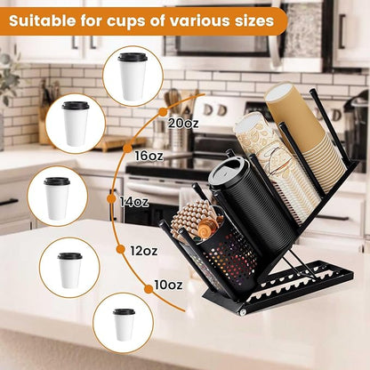 Cup and Lid Holder, Adjustable Coffee Cup Holder Organizer, 4 Compartment Disposable Cup Dispenser with Mesh Basket for Coffee Pod Straw Storage, Countertop, Office Breakroom (Black)