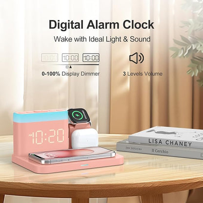 ANJANK 5 in 1 Wireless Charging Station with Alarm Clock,7 Night Light & 0-100% Dimmer,Qi Mag-Safe Charger Stand for Apple Devices - for iPhone 17 16 15 14 13 12 Pro Max Plus Air,Apple Watch,Airpods