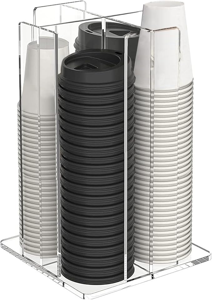 Tirifer Cup and Lid Holder, Coffee Cup Dispenser, Acrylic Cup Storage Organizer, Disposable Paper Cup Storage Holder with 4 Compartments for Countertop Coffee Station Bar Restaurant, Clear