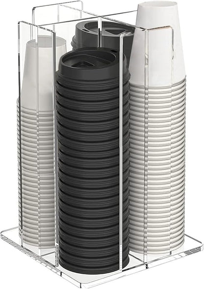 Tirifer Cup and Lid Holder, Coffee Cup Dispenser, Acrylic Cup Storage Organizer, Disposable Paper Cup Storage Holder with 4 Compartments for Countertop Coffee Station Bar Restaurant, Clear