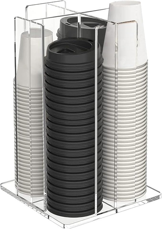 Tirifer Cup and Lid Holder, Coffee Cup Dispenser, Acrylic Cup Storage Organizer, Disposable Paper Cup Storage Holder with 4 Compartments for Countertop Coffee Station Bar Restaurant, Clear