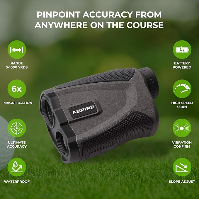 Aspire Platinum Golf Rangefinder – Slope On/Off, 6X Magnification, 1000-Yard Laser Range Finder with Vibration, Pin Seek, High-Speed Scan & Slope Mode – Waterproof – Battery & Case Included
