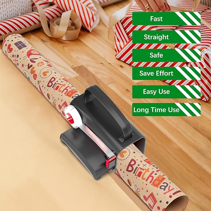 2-Pack Wrapping Paper Cutter & Tape Dispenser, Make Cutting Easily Safely and Efficient, Straight Sliding Tool for Christmas Gift, with 4 Tapes, 2 Replace Blades Kit, Black and Red