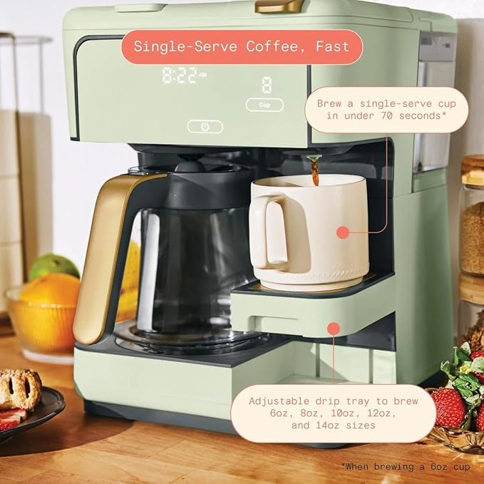 Beautiful Multi-Brew Coffee Maker – 12-Cup Carafe & Single-Serve Pod or Grounds, Iced Coffee Mode, Programmable Touch Display, Includes Filters (Sage Green)